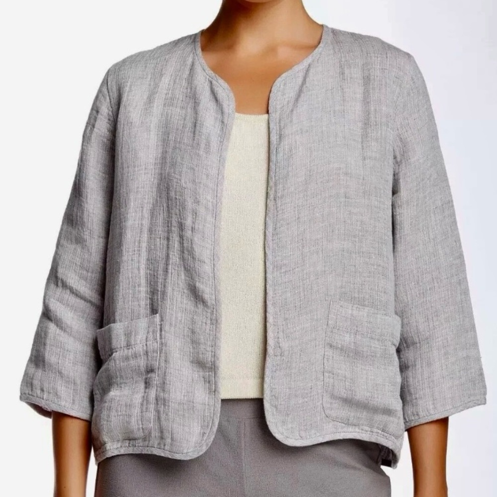 Eileen Fisher Gray Linen Blend Open Lightweight Cardigan Blazer Jacket, Sz S